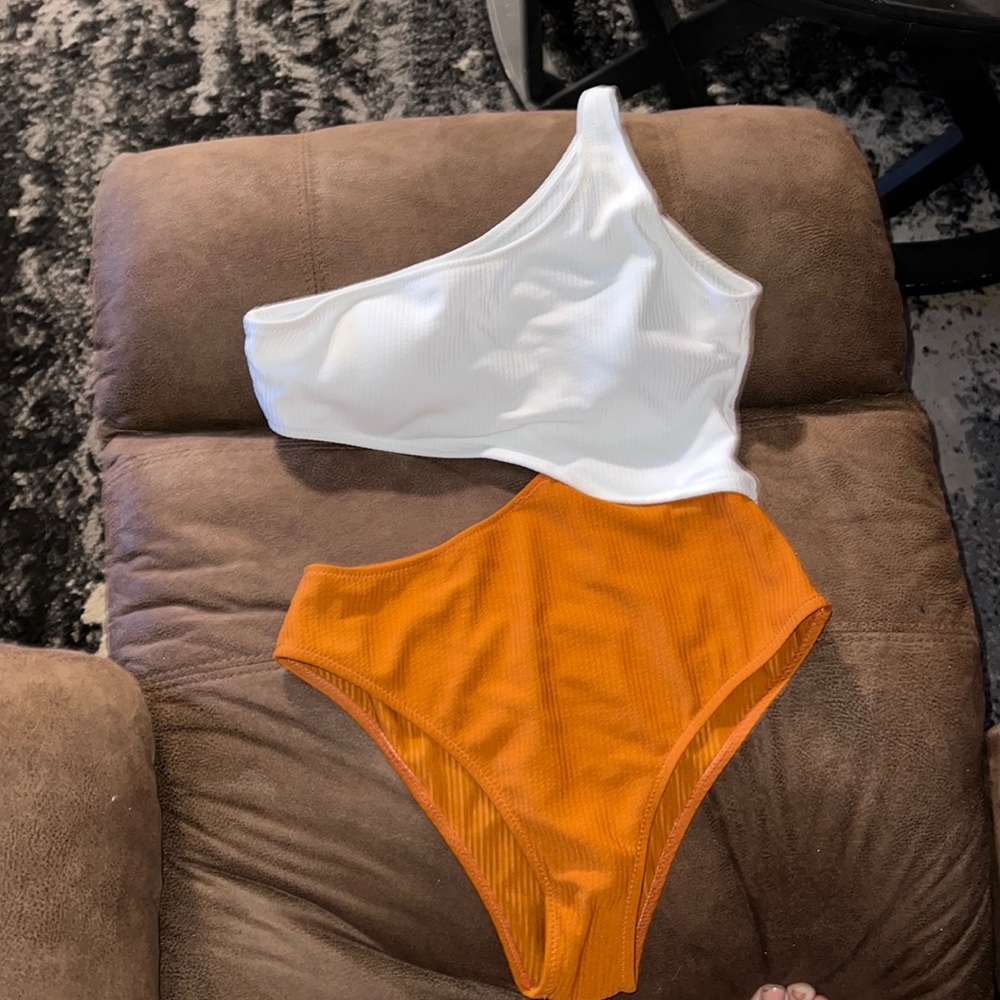 White and burnt orange one shoulder cut-out one piece swim suit